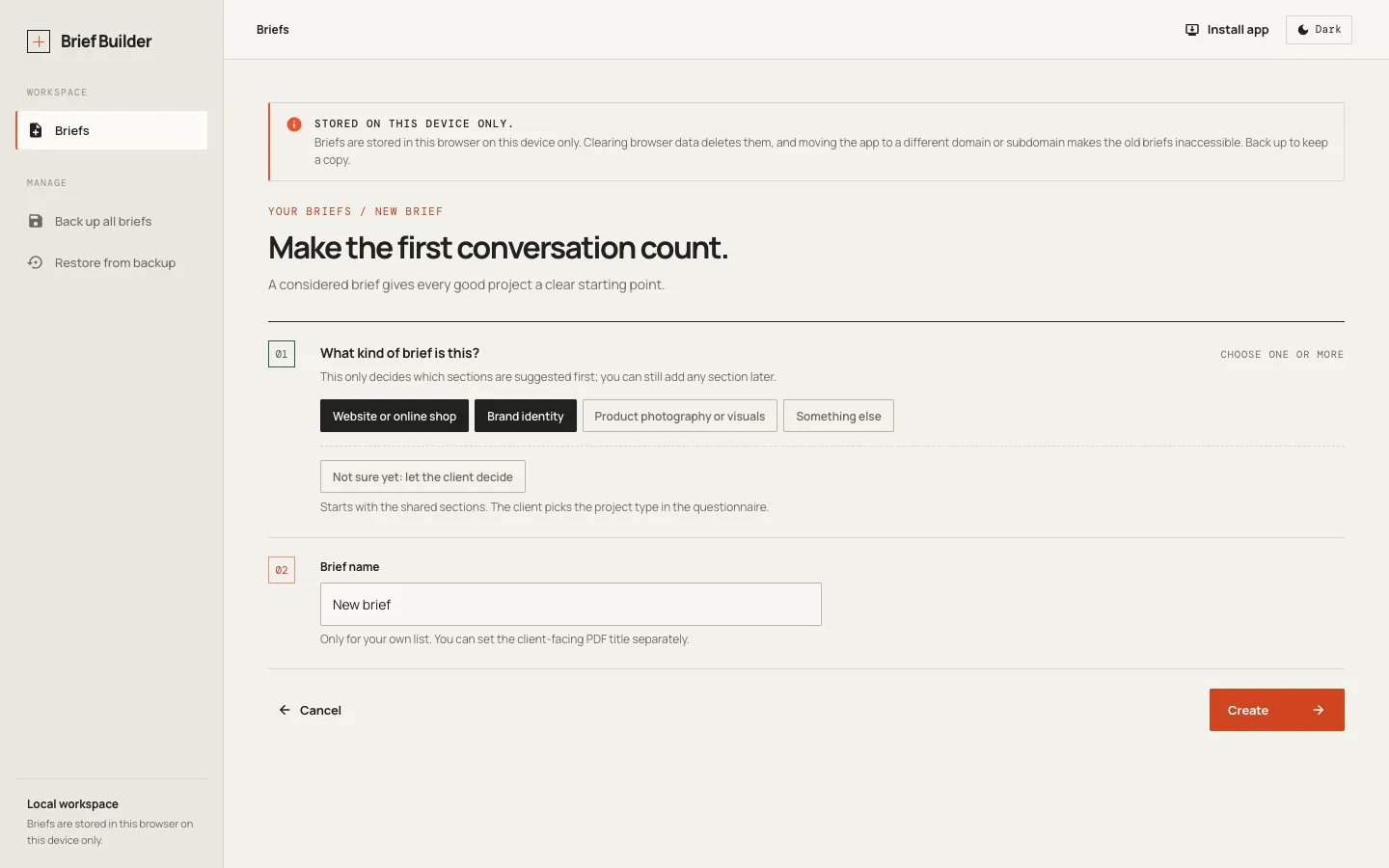 Starting a new brief: choosing one or more project types, or Not sure yet.