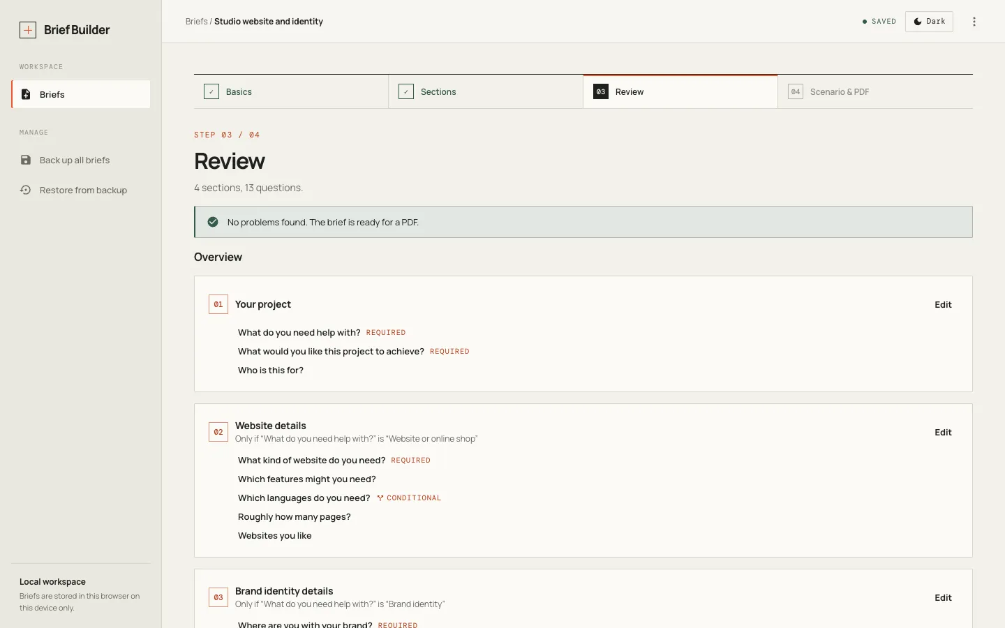 The Review step of a brief in Brief Builder.