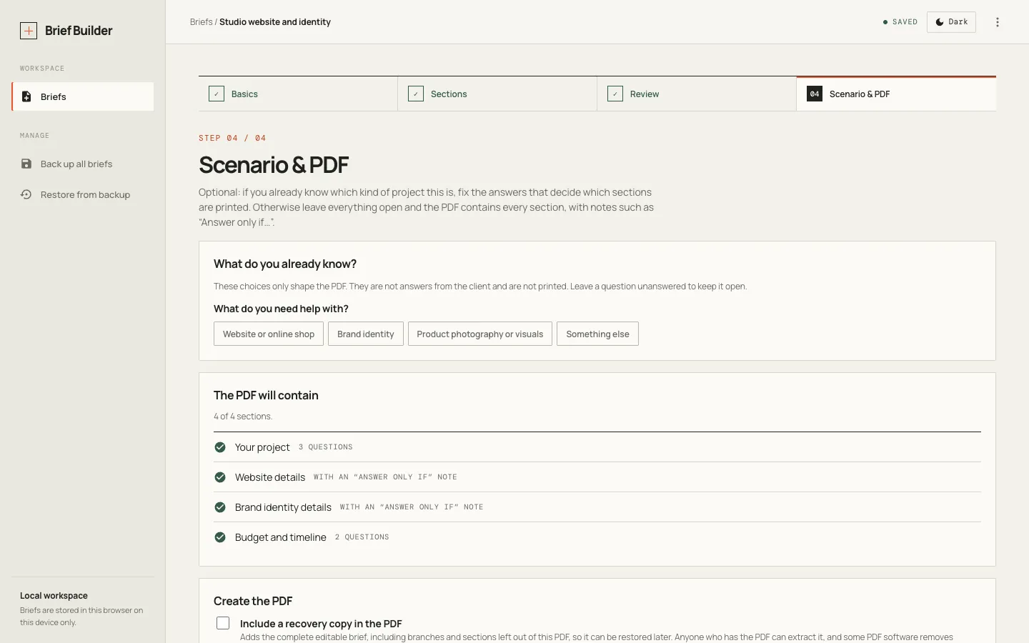 The Scenario and PDF step in Brief Builder.