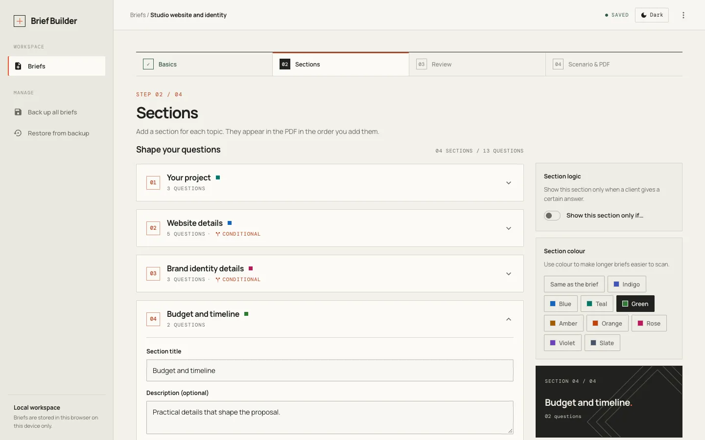 Brief Builder on desktop, Sections step: a brief called Studio website and identity with sections for the project, website details, brand identity details, and budget and timeline.