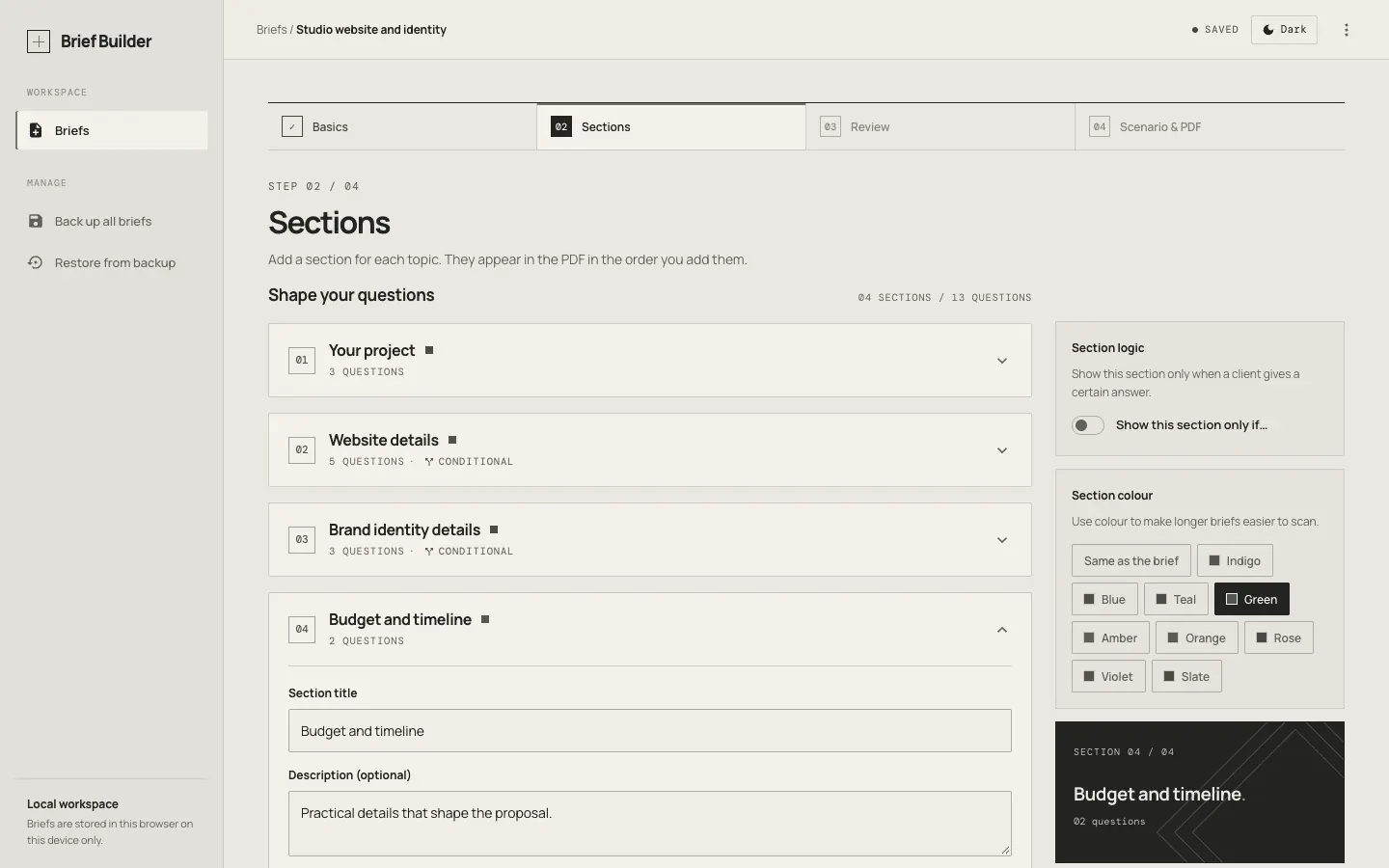Brief Builder on desktop, Sections step: a brief called Studio website and identity with sections for the project, website details, brand identity details, and budget and timeline.