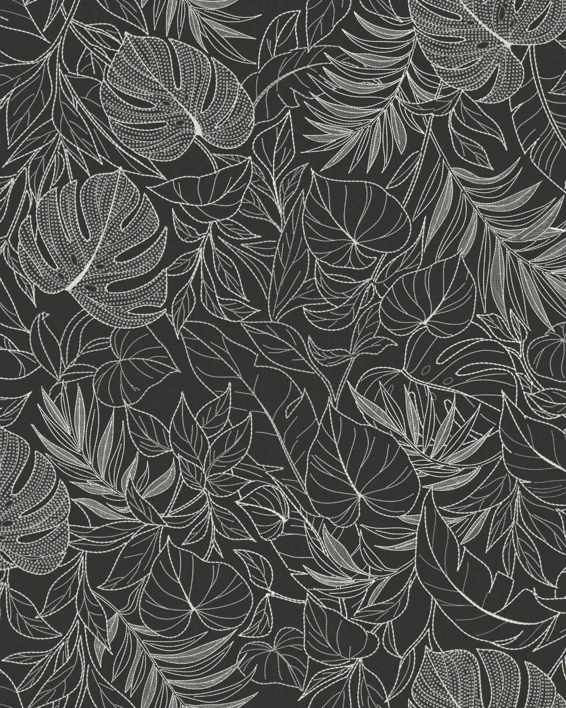 Detail of the hand-drawn Jungle pattern in greyscale: monstera and palm leaves built from rows of stitch-like dashes and small crosses.