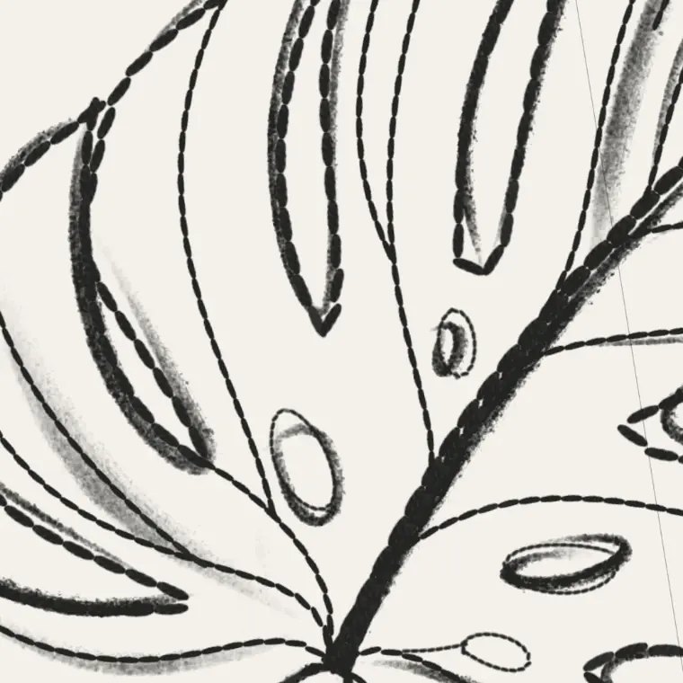 Close-up of a leaf traced in rows of separate drawn dashes over grey pencil lines.