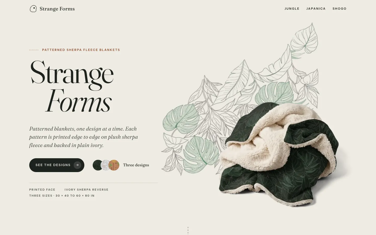The Strange Forms home page: a crumpled dark green Jungle blanket with drawn leaves behind it, and the heading Patterned sherpa fleece blankets.