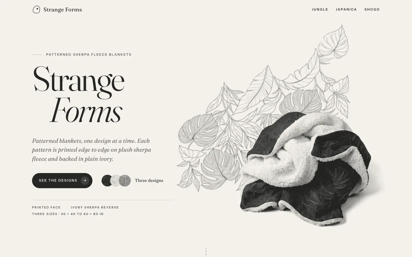 The Strange Forms home page: a crumpled dark green Jungle blanket with drawn leaves behind it, and the heading Patterned sherpa fleece blankets.