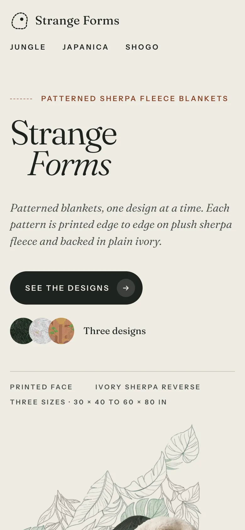 The Strange Forms home page on a phone.