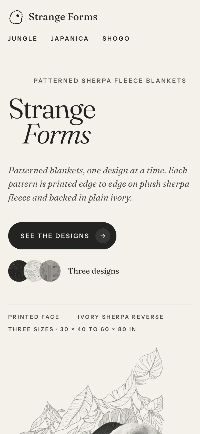 The Strange Forms home page on a phone.